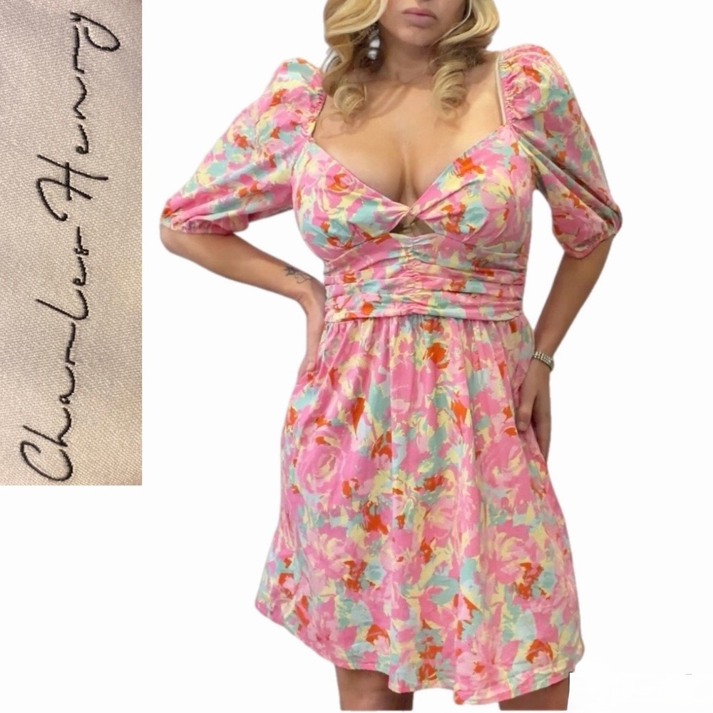 Charles Henry Feminine Pink Floral Sweetheart Cutout Summer Dress Size L